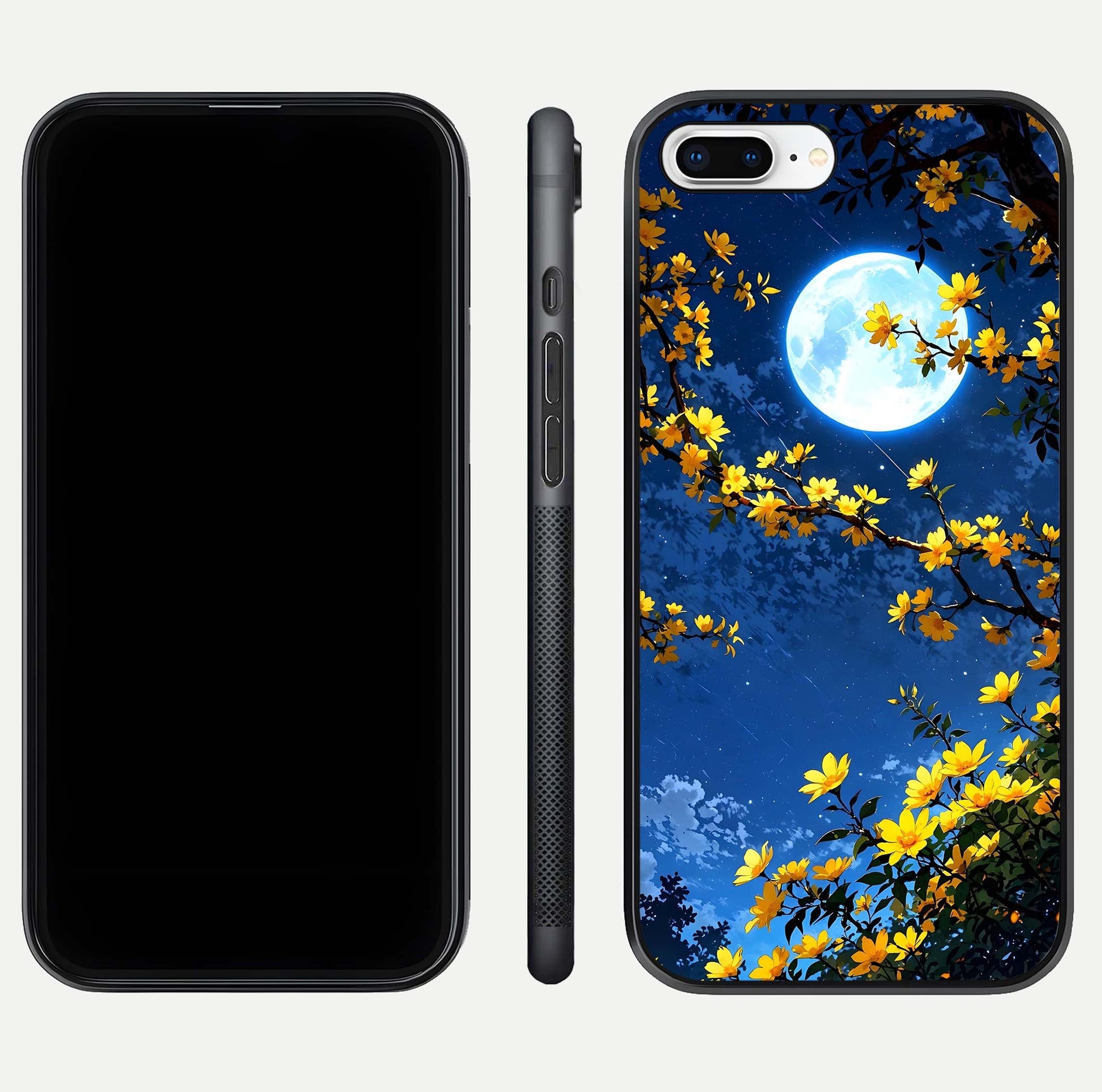 Golden Night Glow Glass Case for iPhone 8 Plus front and back view layout displaying metallic glow and curved glass edge