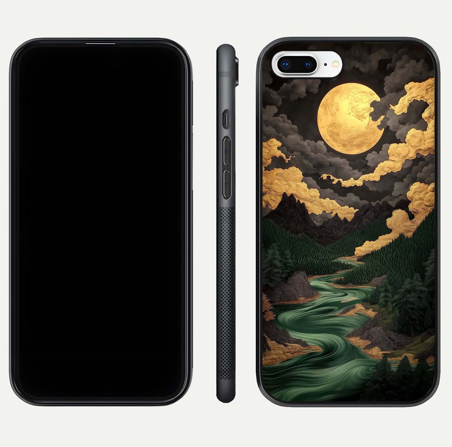 Golden River Moon Glass Case for iPhone 8 Plus front and back view layout displaying celestial glow and smooth curves
