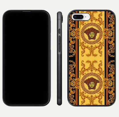Golden Royal Heritage Glass Case for iPhone 8 Plus front and back view layout displaying ornate gold texture and curved edges