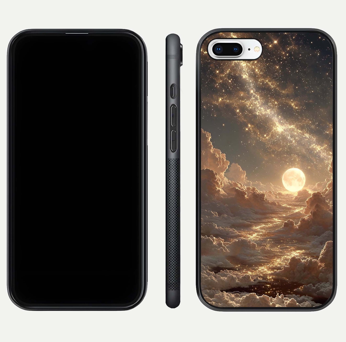 Golden Sky Dream Glass Case for iPhone 8 Plus front and back view layout highlighting celestial gold hues and curved glass
