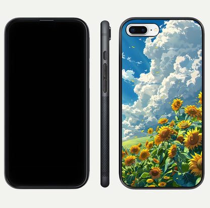 Golden Sun Glory Glass Case for iPhone 8 Plus front and back view layout displaying bright golden tones and curved edges