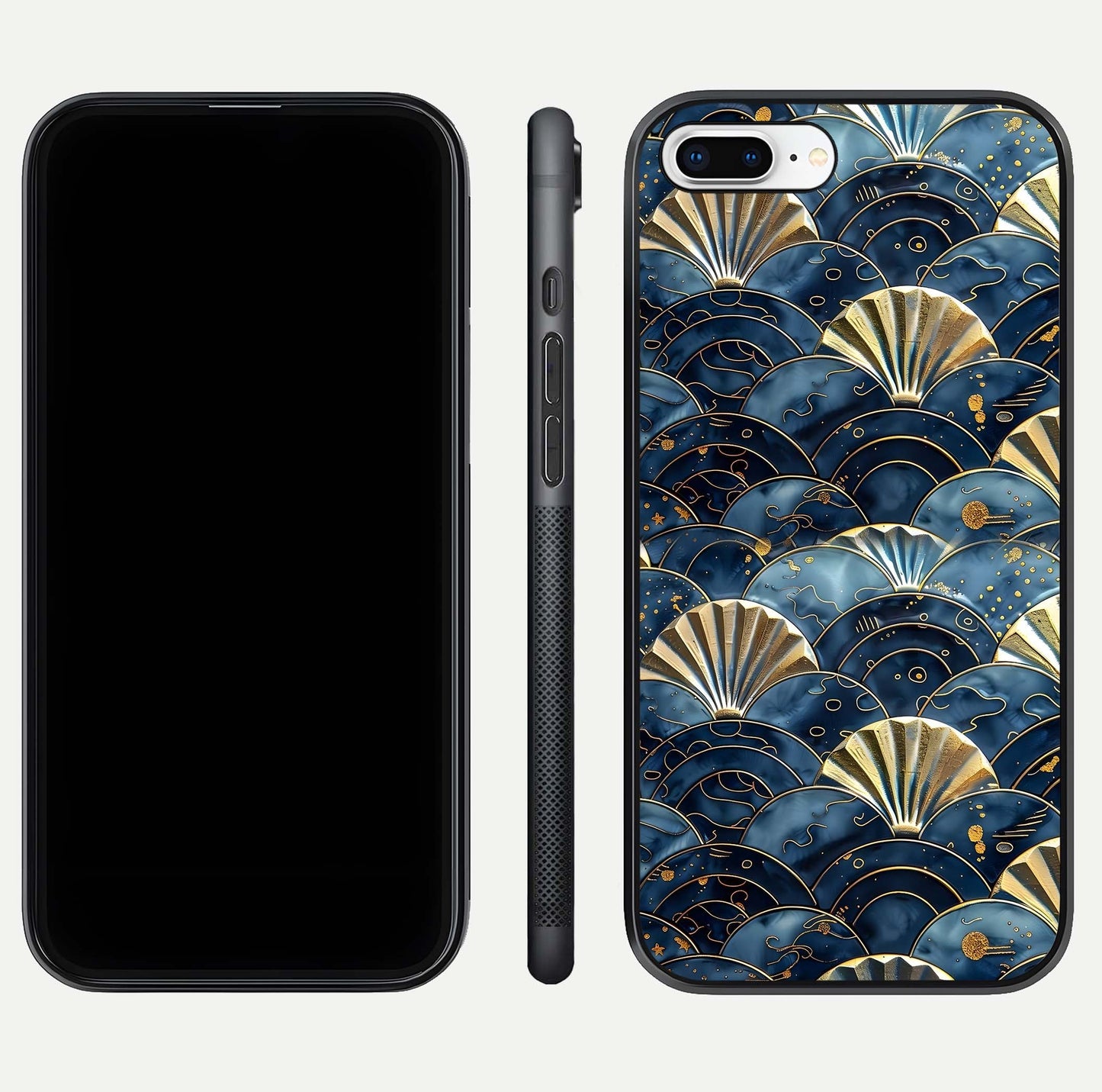 Golden Wave Luxe Glass Case for iPhone 8 Plus front and back view layout highlighting fluid gold design and curved glass