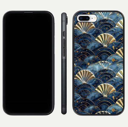 Golden Wave Luxe Glass Case for iPhone 8 Plus front and back view layout highlighting fluid gold design and curved glass