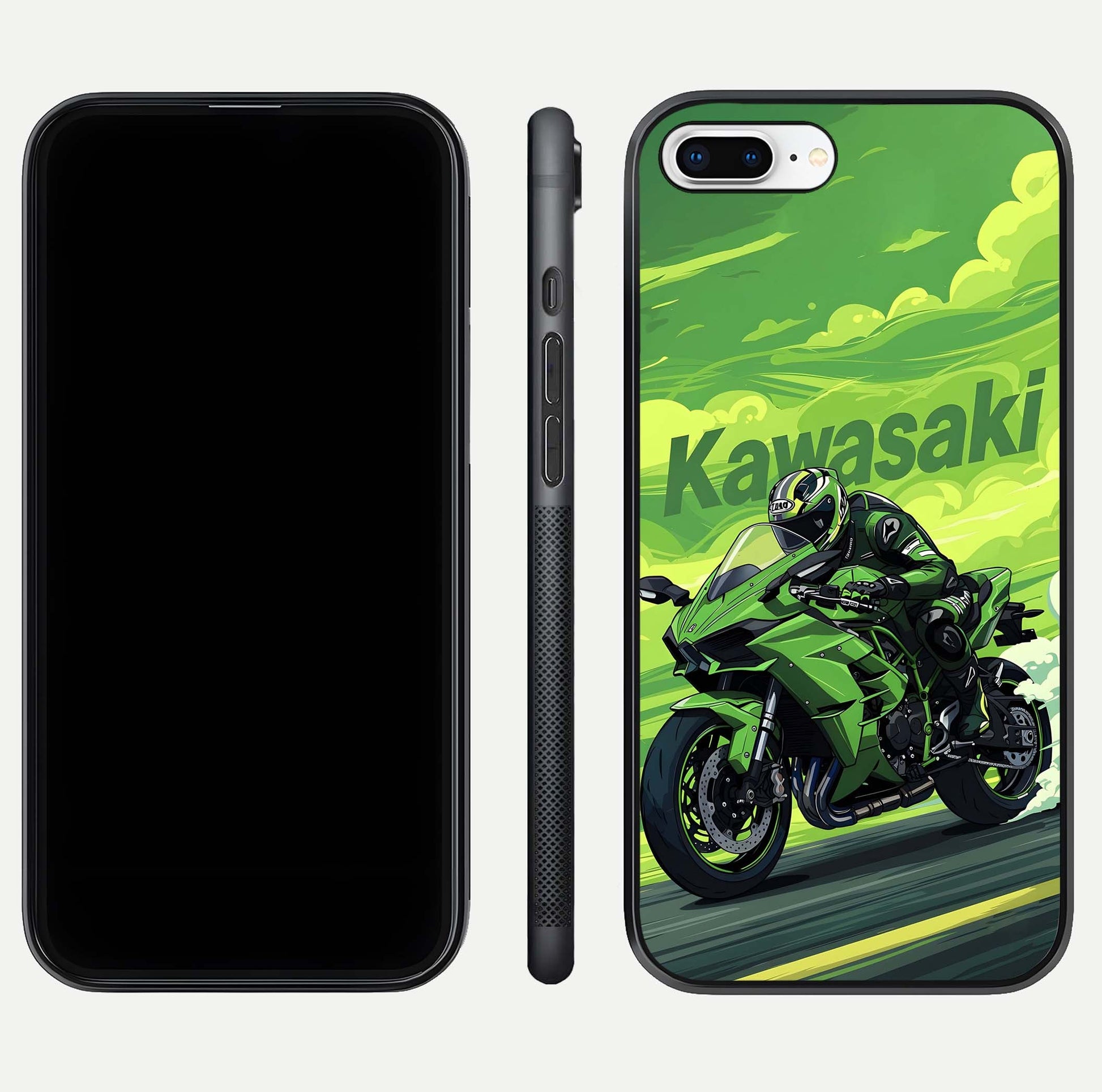 Green Kawasaki Glass Case for iPhone 8 Plus front and back view layout highlighting vivid green tones and curved glass edges