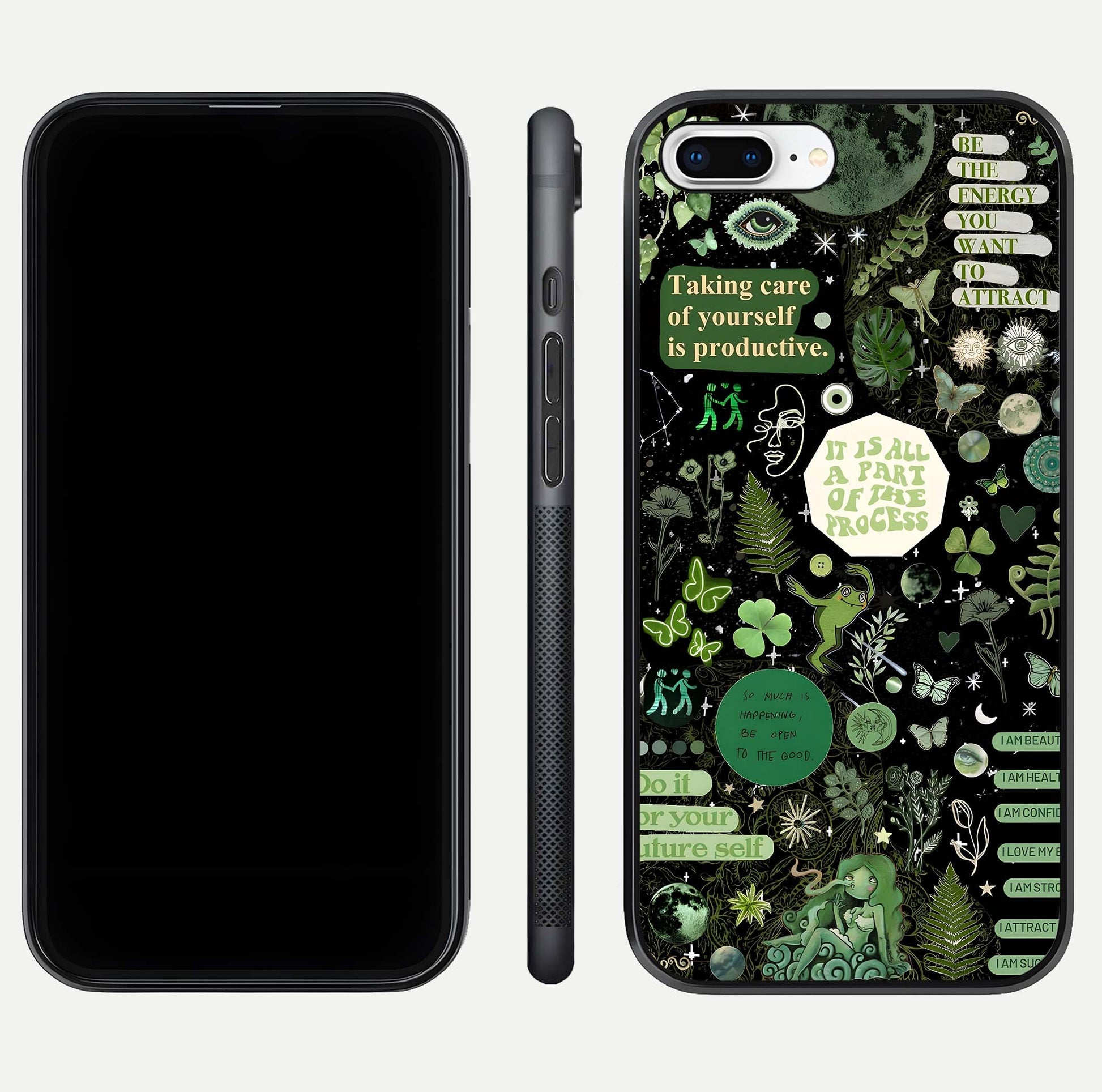 Green Moon Energy Glass Case for iPhone 8 Plus front and back view layout highlighting cosmic tones and smooth edges