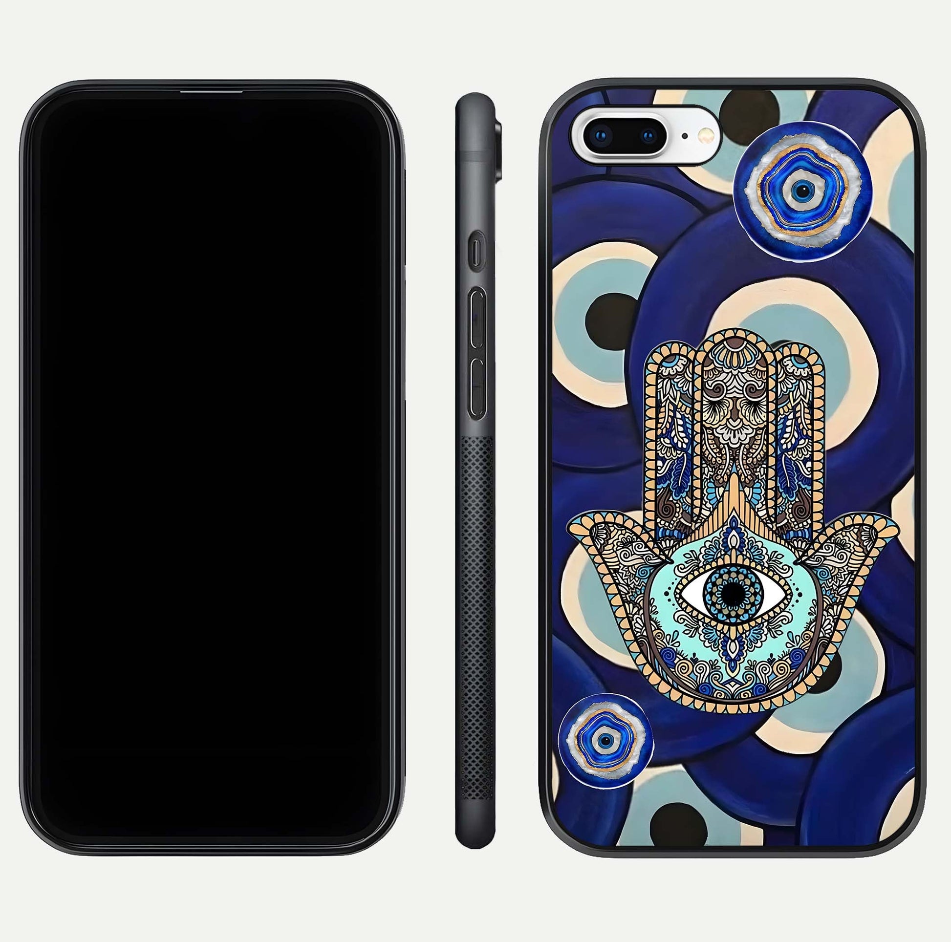 Hamsa Divine Guard Glass Case for iPhone 8 Plus front and back view layout highlighting spiritual artwork and smooth edges