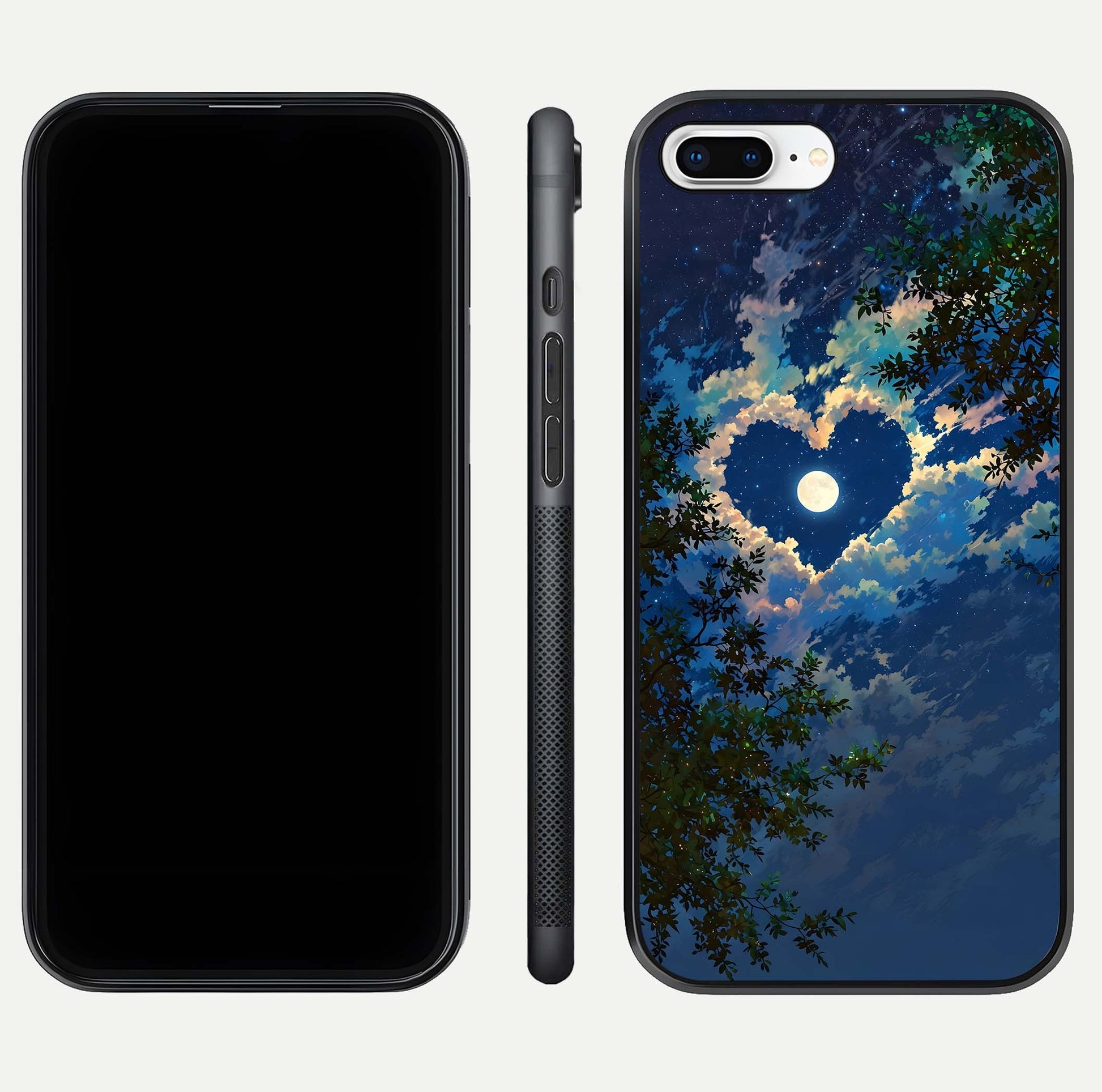 Heart with Moon Sky Glass Case for iPhone 8 Plus front and back view layout displaying celestial tones and curved glass