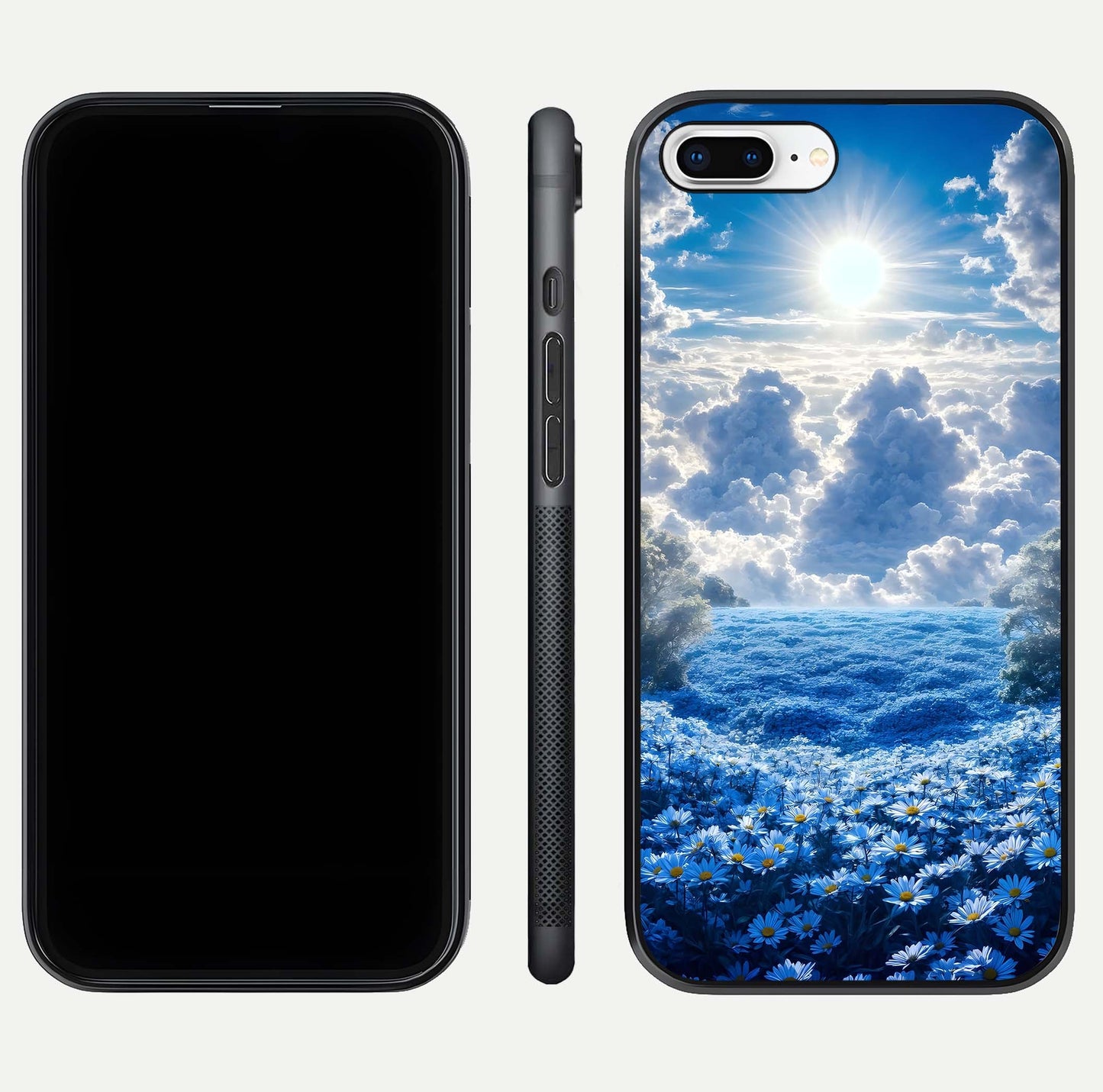 Heavenly Daisy Horizon Glass Case for iPhone 8 Plus front and back view layout highlighting floral field tones and curved edges