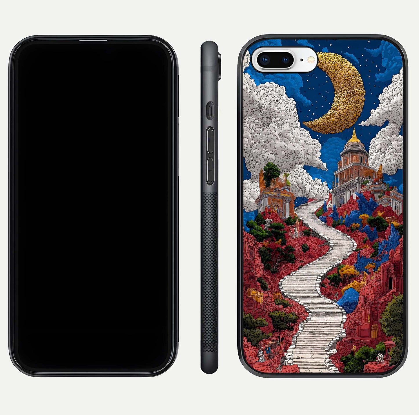 Heavenly Moon Path Glass Case for iPhone 8 Plus front and back view layout displaying night sky tones and curved glass edges