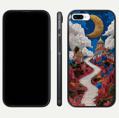 Heavenly Moon Path Glass Case for iPhone 8 Plus front and back view layout displaying night sky tones and curved glass edges