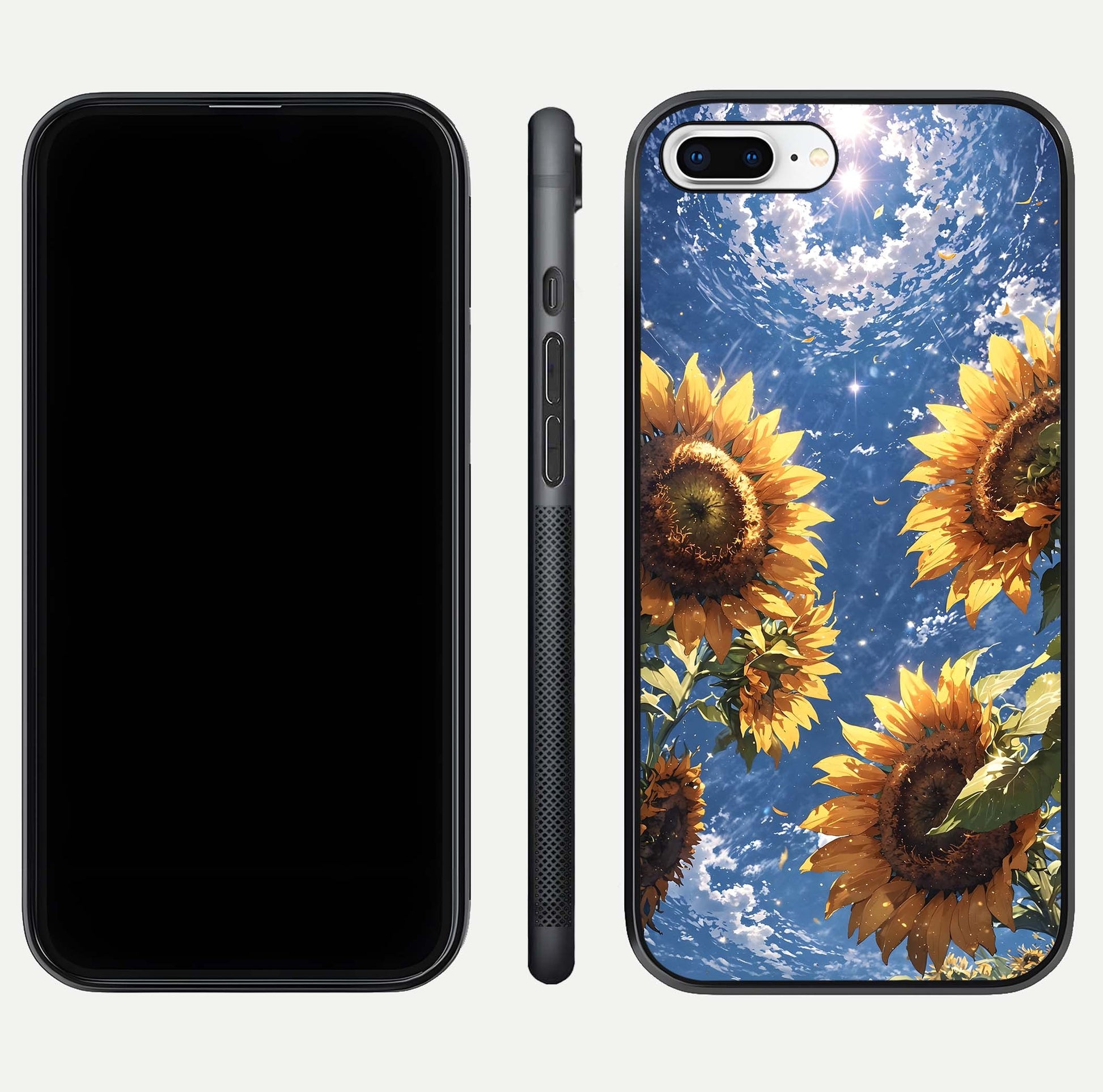 Heavenly Sunflower Rise Glass Case for iPhone 8 Plus front and back view layout highlighting golden floral tones and curved edges