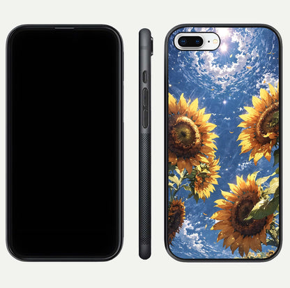 Heavenly Sunflower Rise Glass Case for iPhone 8 Plus front and back view layout highlighting golden floral tones and curved edges