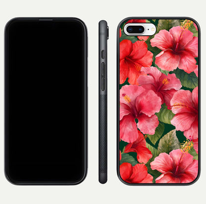 Hibiscus Pattern Glass Case for iPhone 8 Plus front and back view layout highlighting tropical design and curved glass edges