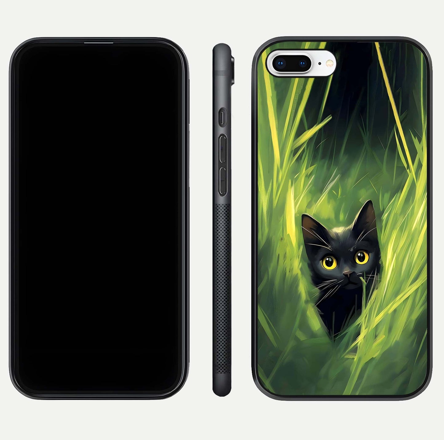 Hidden Cat Whisper Glass Case for iPhone 8 Plus front and back view layout highlighting minimalist art and curved edges