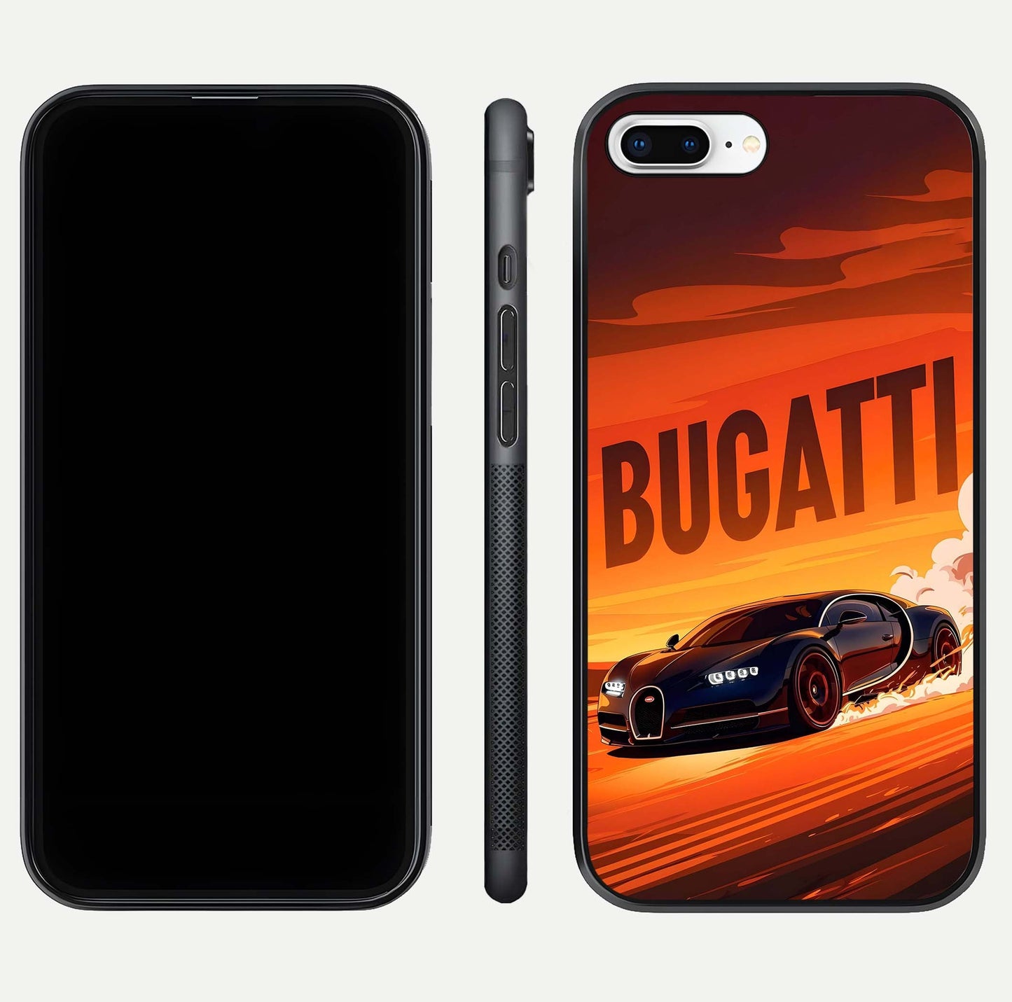 Inferno Bugatti Storm Glass Case for iPhone 8 Plus front and back view layout highlighting car silhouette and curved glass edge