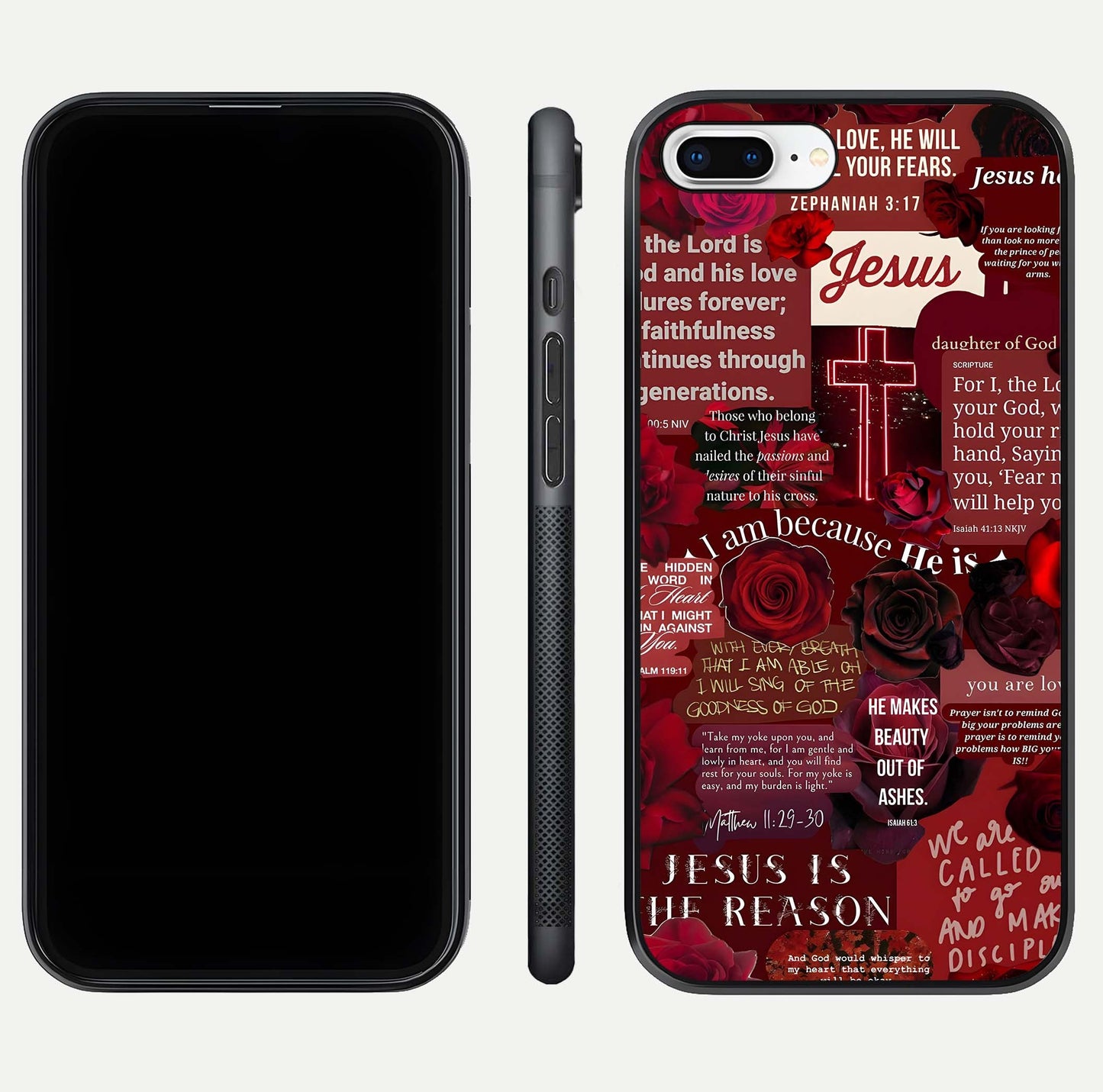 Jesus Love Heals Glass Case for iPhone 8 Plus front and back view layout with elegant typography and smooth edges