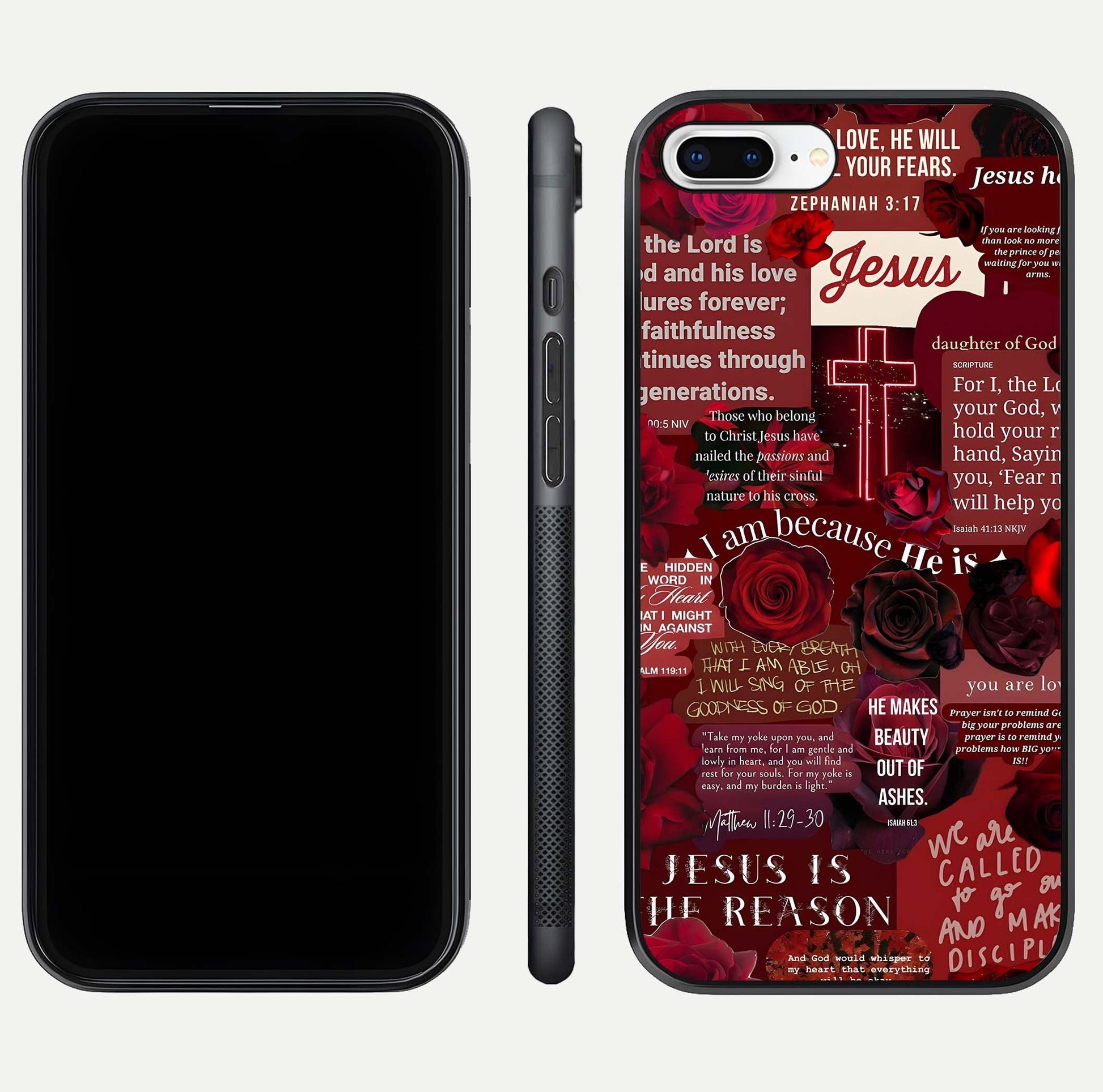 Jesus Love Heals Glass Case for iPhone 8 Plus front and back view layout with elegant typography and smooth edges