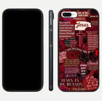 Jesus Love Heals Glass Case for iPhone 8 Plus front and back view layout with elegant typography and smooth edges