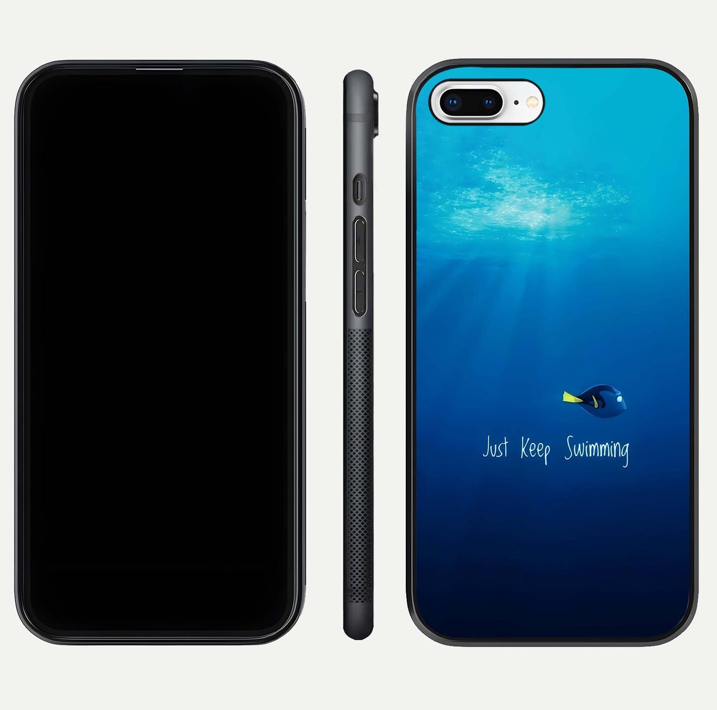 Just Keep Swimming Glass Case for iPhone 8 Plus front and back view layout with smooth glass edges and HD text clarity