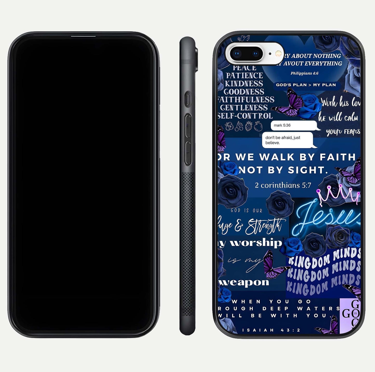 Kingdom Faith Glow Glass Case for iPhone 8 Plus front and back view layout highlighting radiant spiritual design