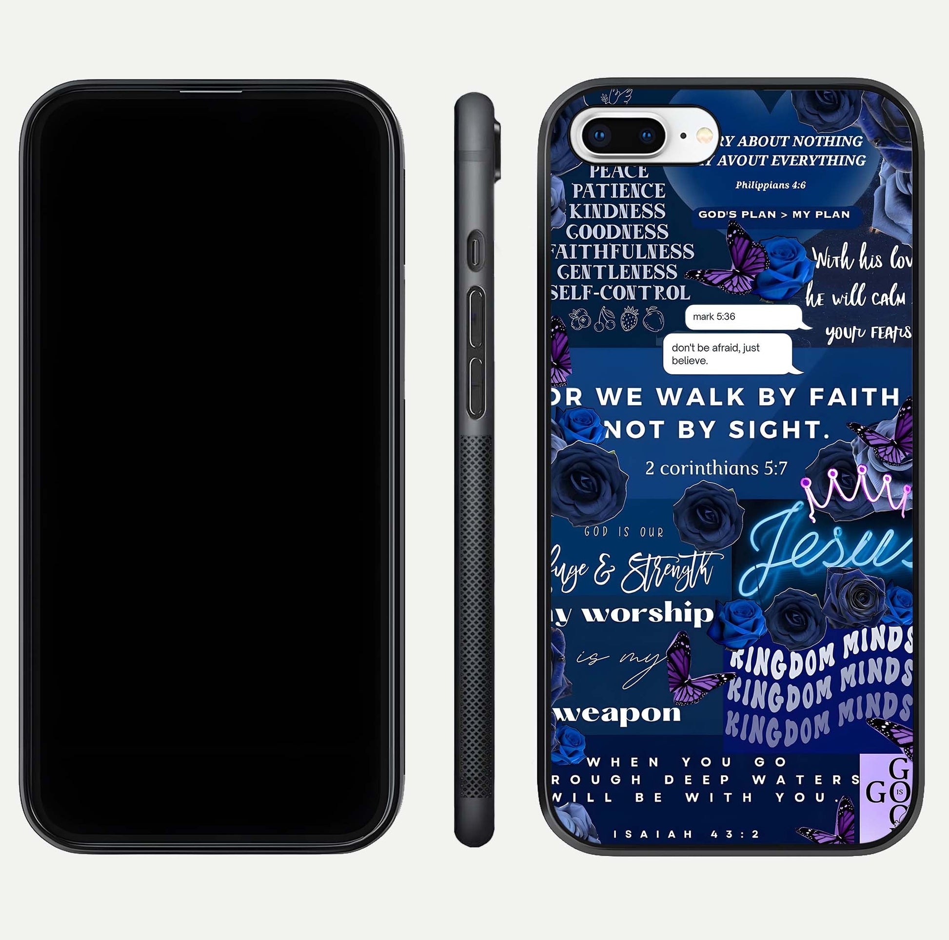 Kingdom Faith Glow Glass Case for iPhone 8 Plus front and back view layout highlighting radiant spiritual design
