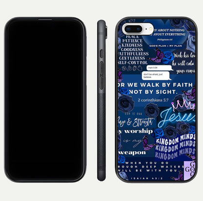 Kingdom Faith Glow Glass Case for iPhone 8 Plus front and back view layout highlighting radiant spiritual design