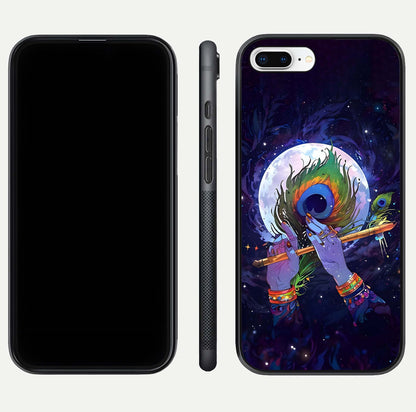 Krishna Hands Art Glass Case for iPhone 8 Plus front and back view layout displaying soft edges and spiritual tones