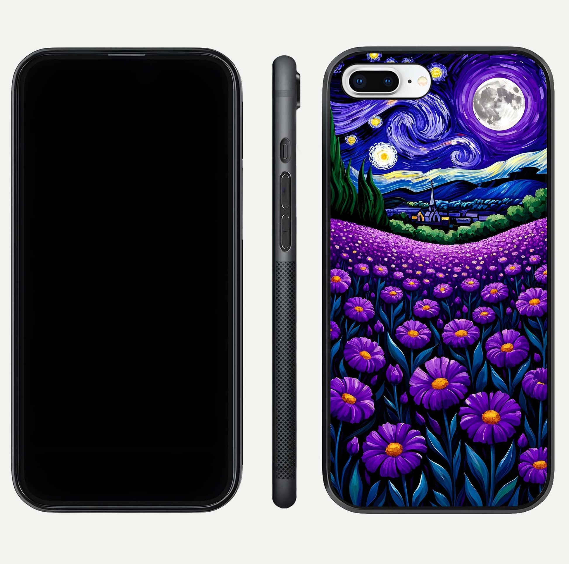 Lavender Moon Field Glass Case for iPhone 8 Plus front and back view layout with soft gradient and curved edges