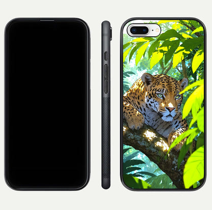 Leopard in Jungle Glass Case for iPhone 8 Plus front & back layout with premium edge detailing and vivid jungle art