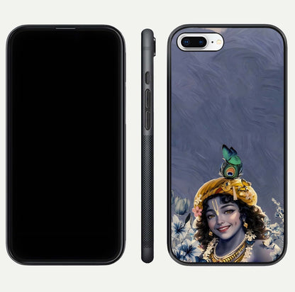 Lord Krishna Glass Case for iPhone 8 Plus front & back layout displaying soft tones and elegant edges