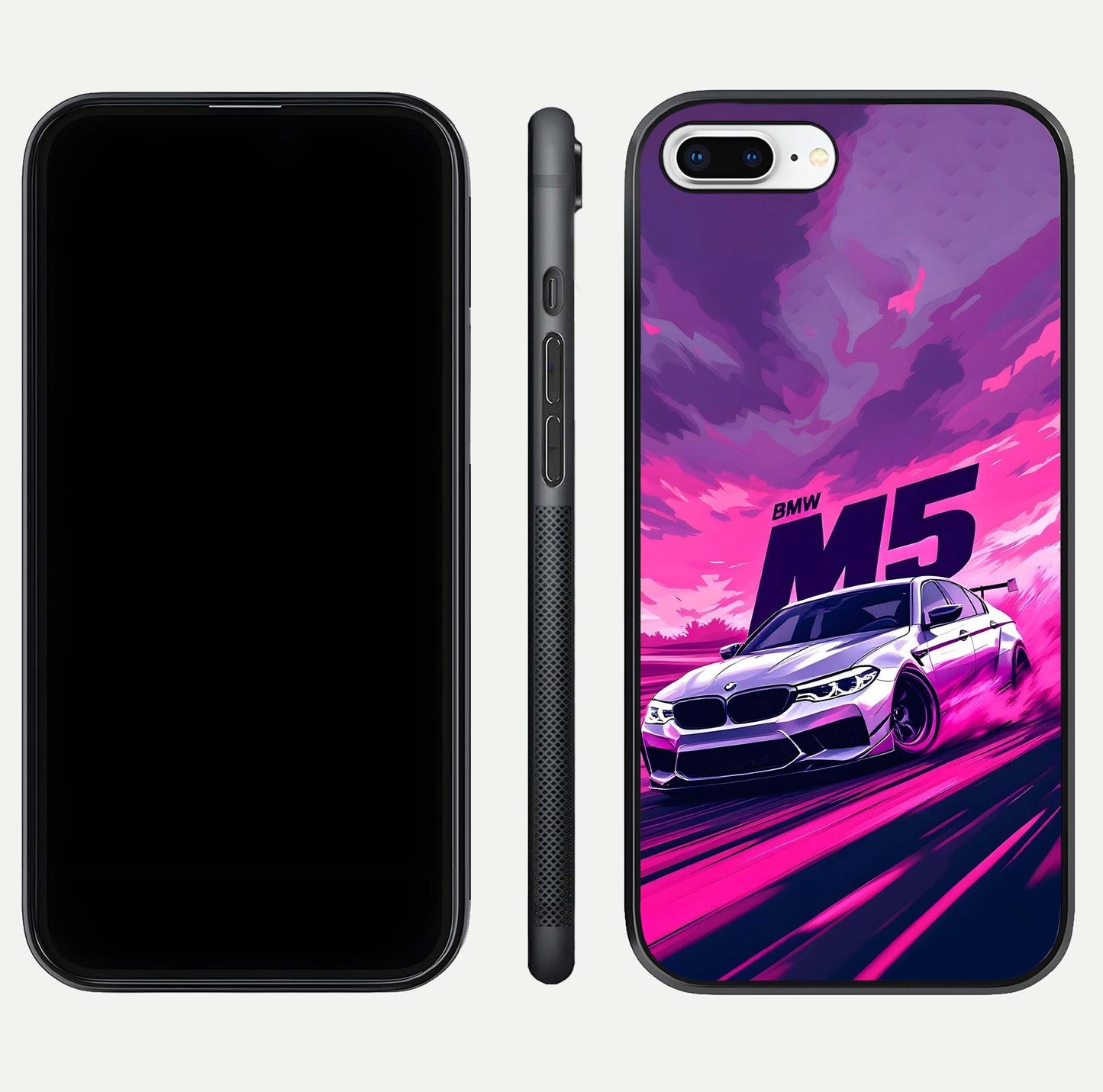 MS Neon Car Glass Case for iPhone 8 Plus front & back layout highlighting automotive art and curved design
