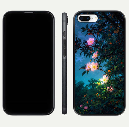 Midnight Bloom Glow Glass Case for iPhone 8 Plus front & back layout highlighting moody tones and smooth finish