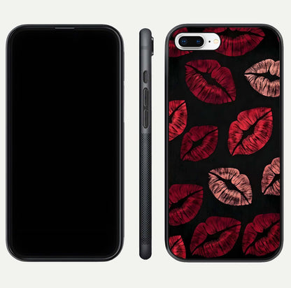 Midnight Kiss Love Glass Case for iPhone 8 Plus front & back view layout showing romantic theme and smooth curves