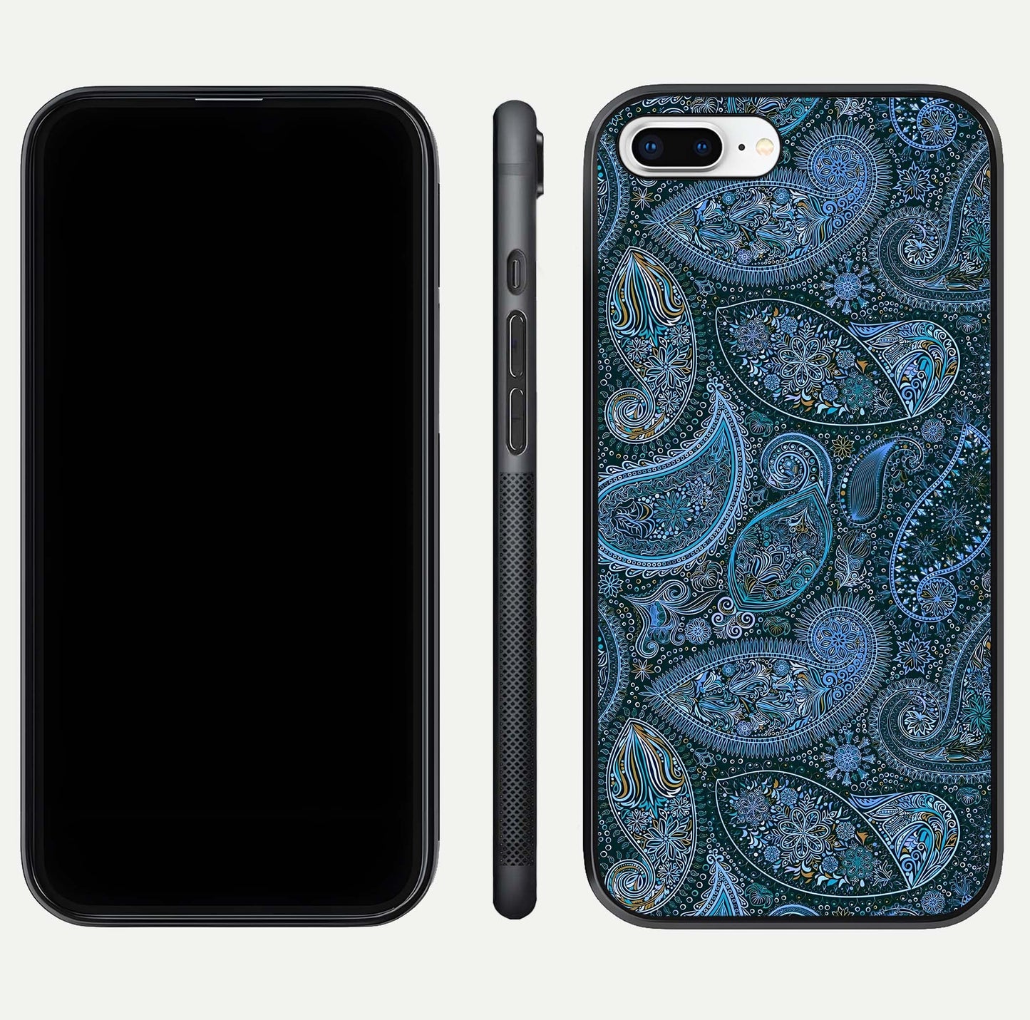 Midnight Paisley Glow Glass Case for iPhone 8 Plus front & back layout highlighting elegant edge finish