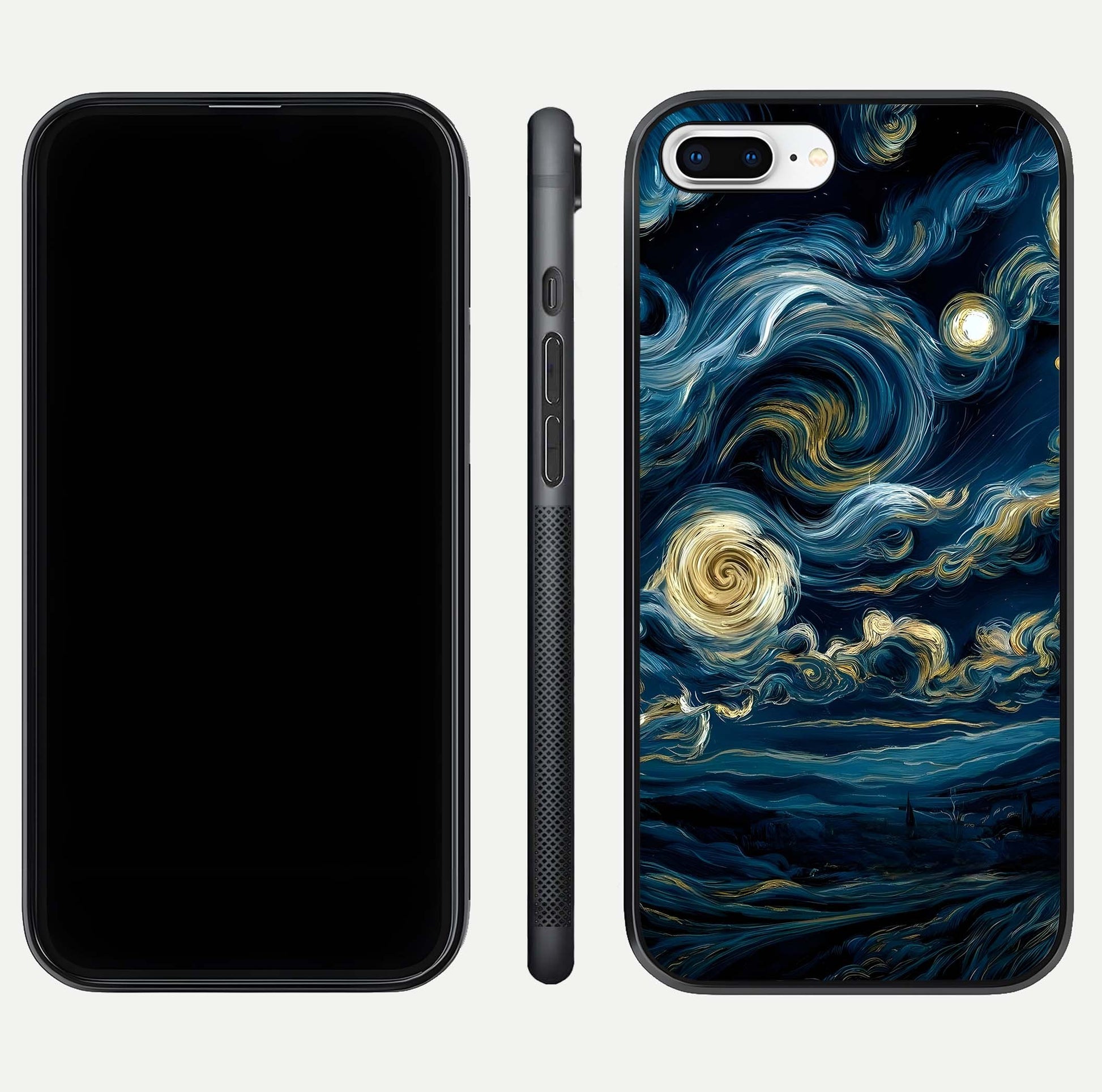 Midnight Sky Whirl Glass Case for iPhone 8 Plus front & back layout highlighting celestial movement art