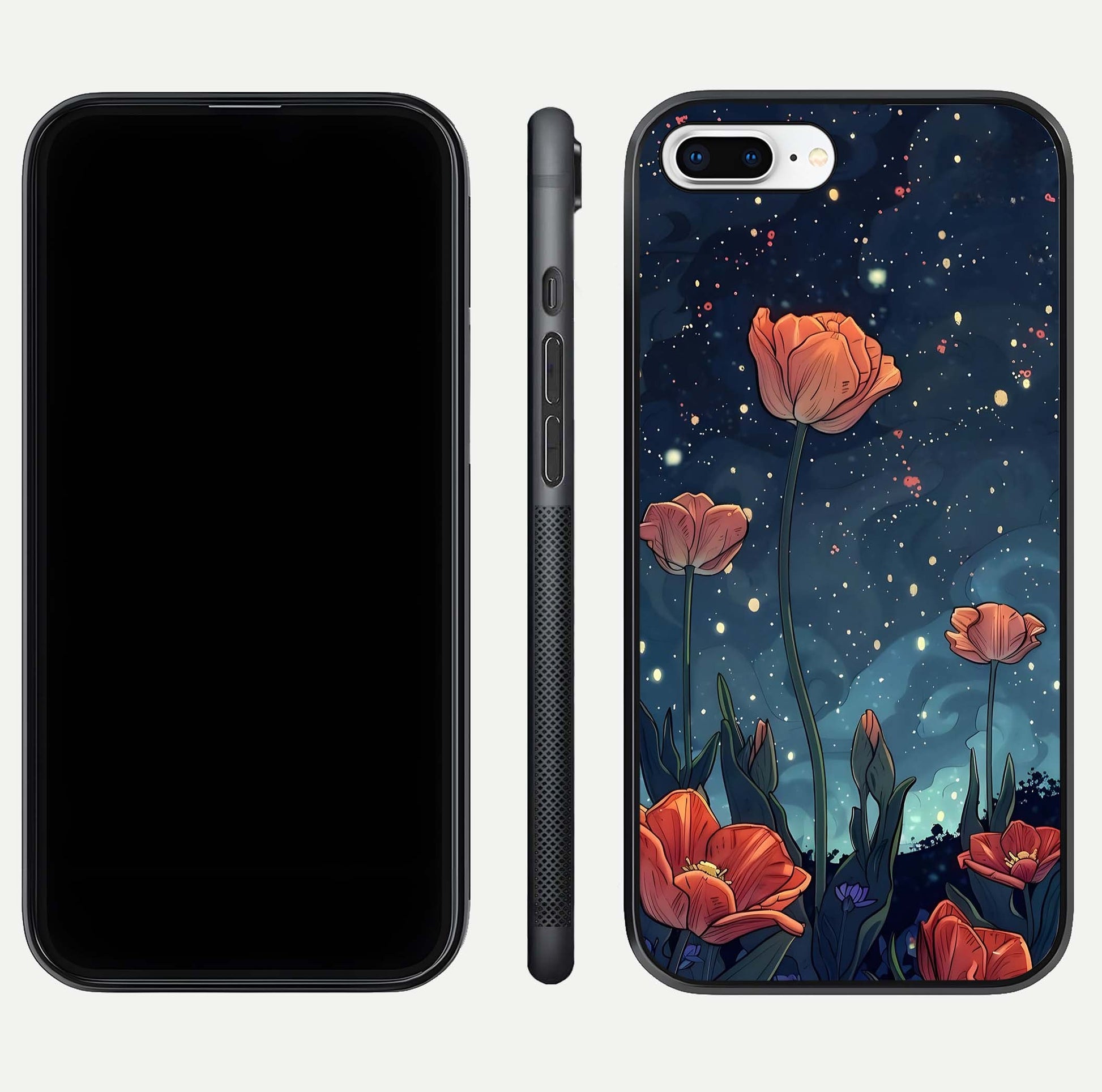 Midnight Tulip Glow Glass Case for iPhone 8 Plus front & back layout highlighting floral glow and curved edges