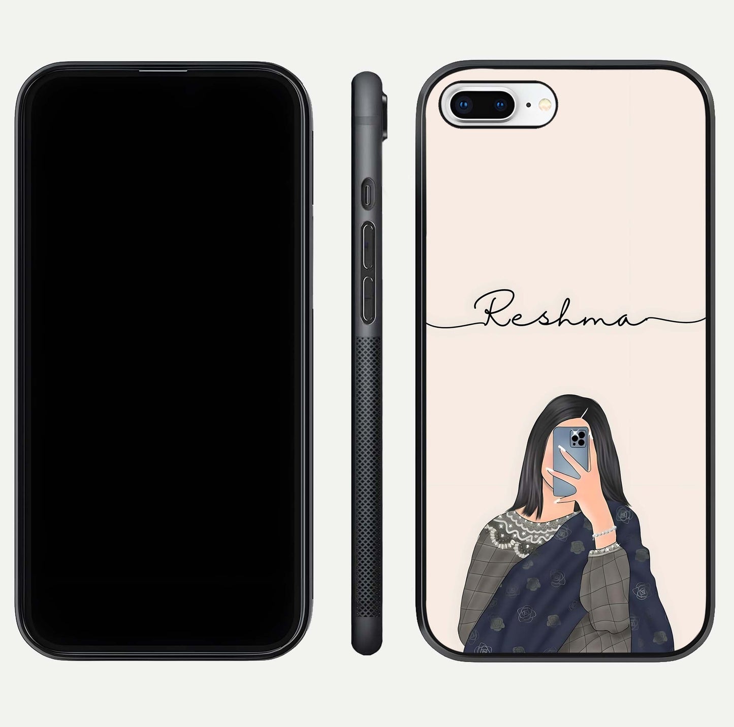 Mirror Mood Muse Custom Name Glass Case for iPhone 8 Plus front & back layout showing personalized name placement