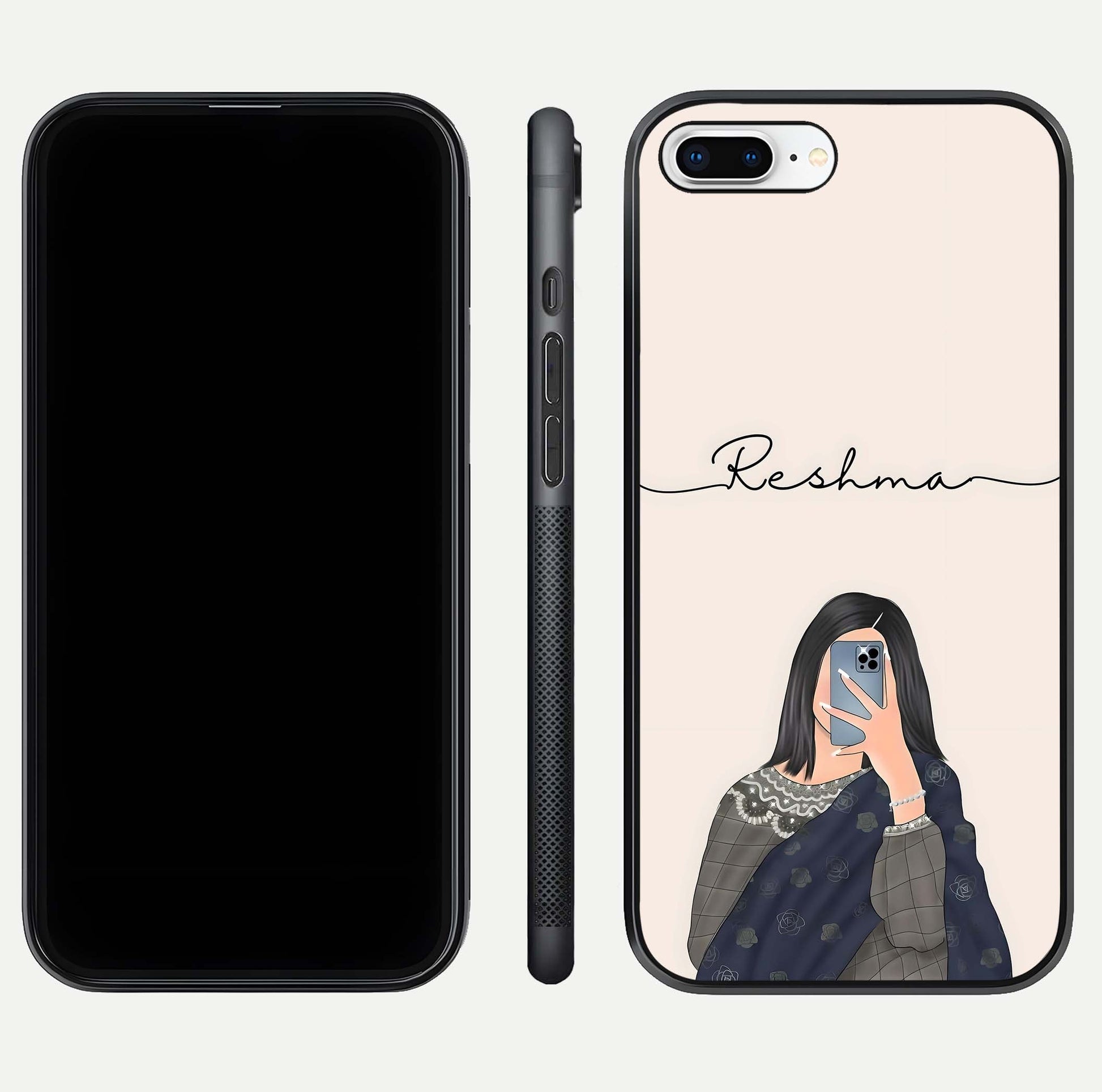 Mirror Mood Muse Custom Name Glass Case for iPhone 8 Plus front & back layout showing personalized name placement