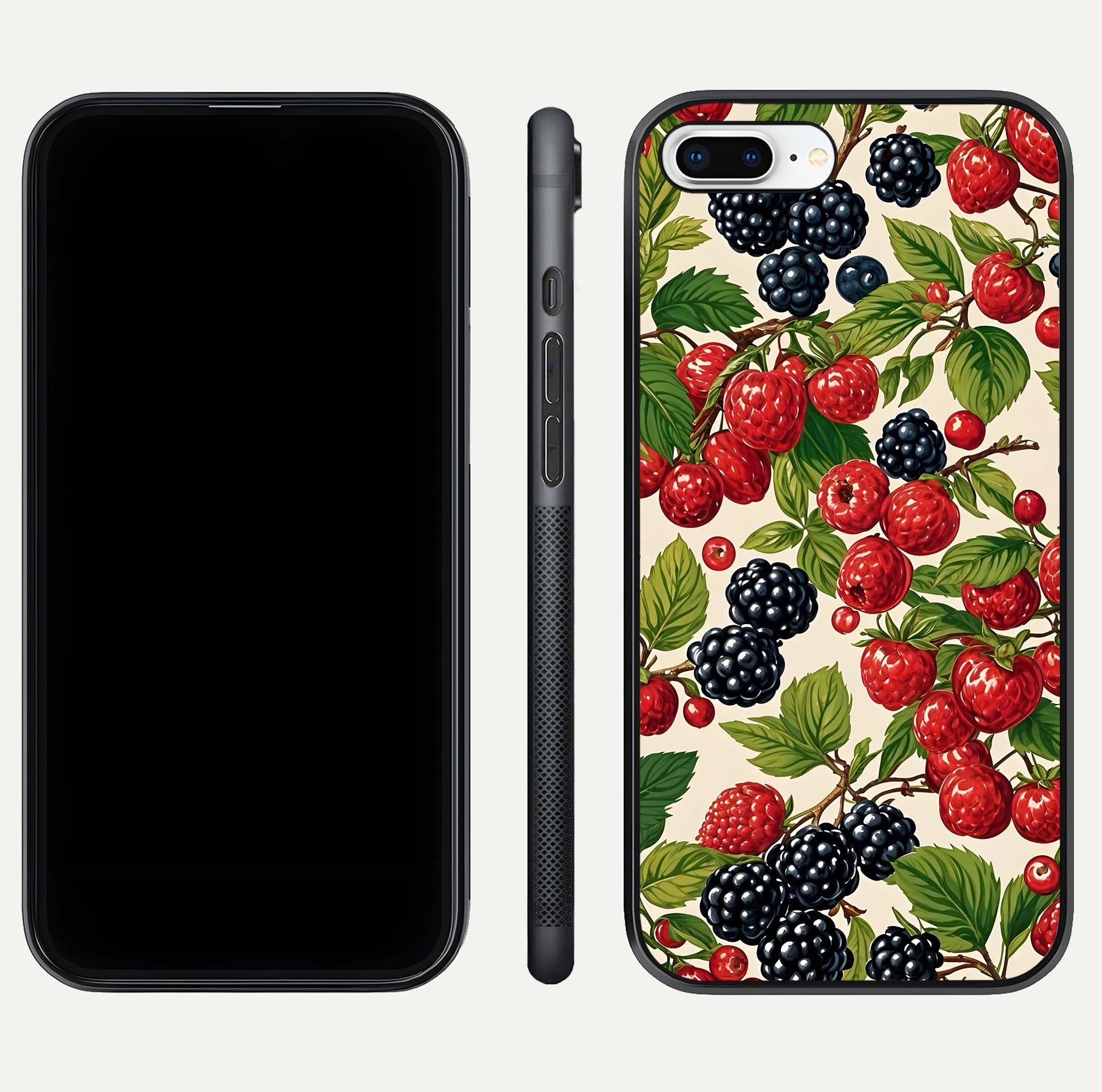 Mixed Berry Collage Glass Case for iPhone 8 Plus front & back layout highlighting colorful art and curved edges