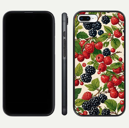 Mixed Berry Collage Glass Case for iPhone 8 Plus front & back layout highlighting colorful art and curved edges