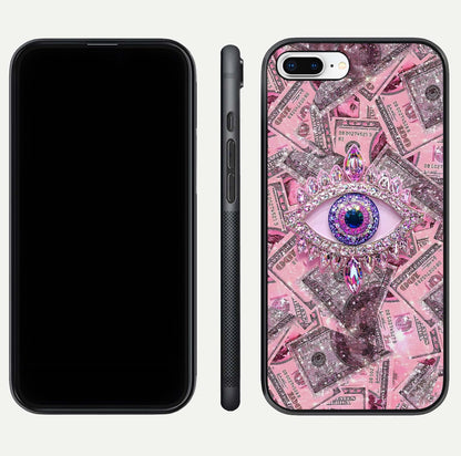 Money Eye Luxe Glass Case for iPhone 8 Plus front & back layout highlighting luxury edge design and bold art