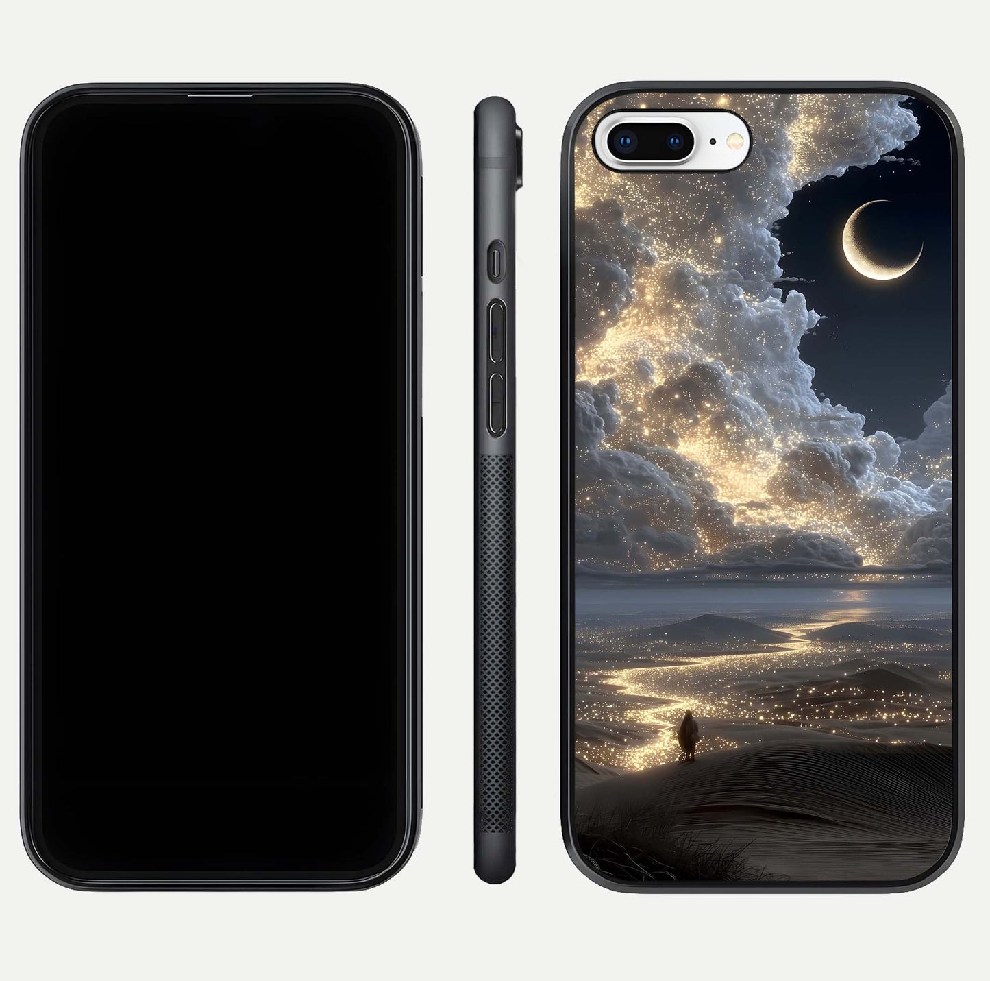 Moonlight Spark Path Glass Case for iPhone 8 Plus front & back layout highlighting calm tones and sleek edges