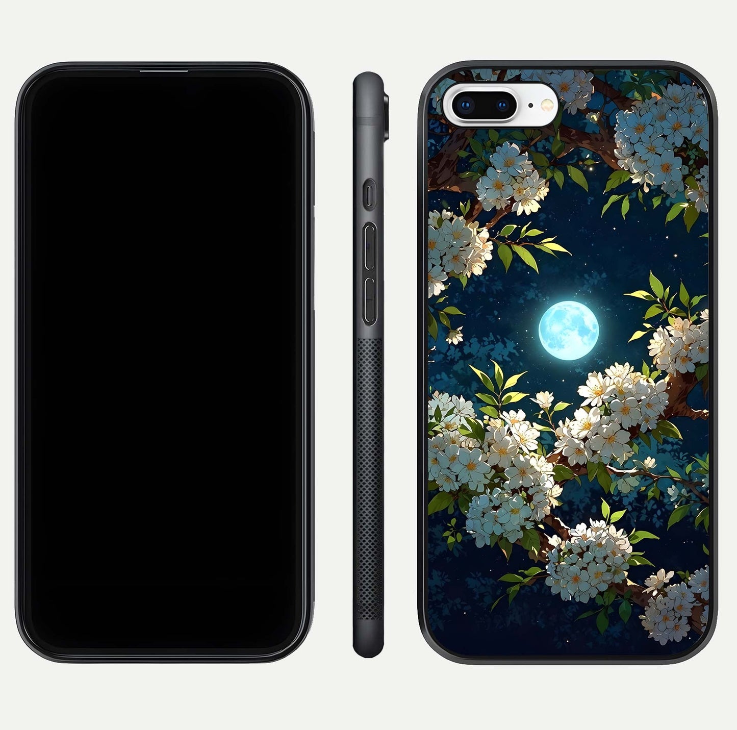 Moonlit Blossom Dream Glass Case for iPhone 8 Plus front & back layout highlighting moonlit tones and edges