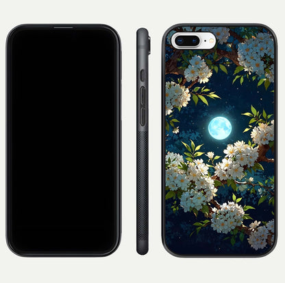 Moonlit Blossom Dream Glass Case for iPhone 8 Plus front & back layout highlighting moonlit tones and edges