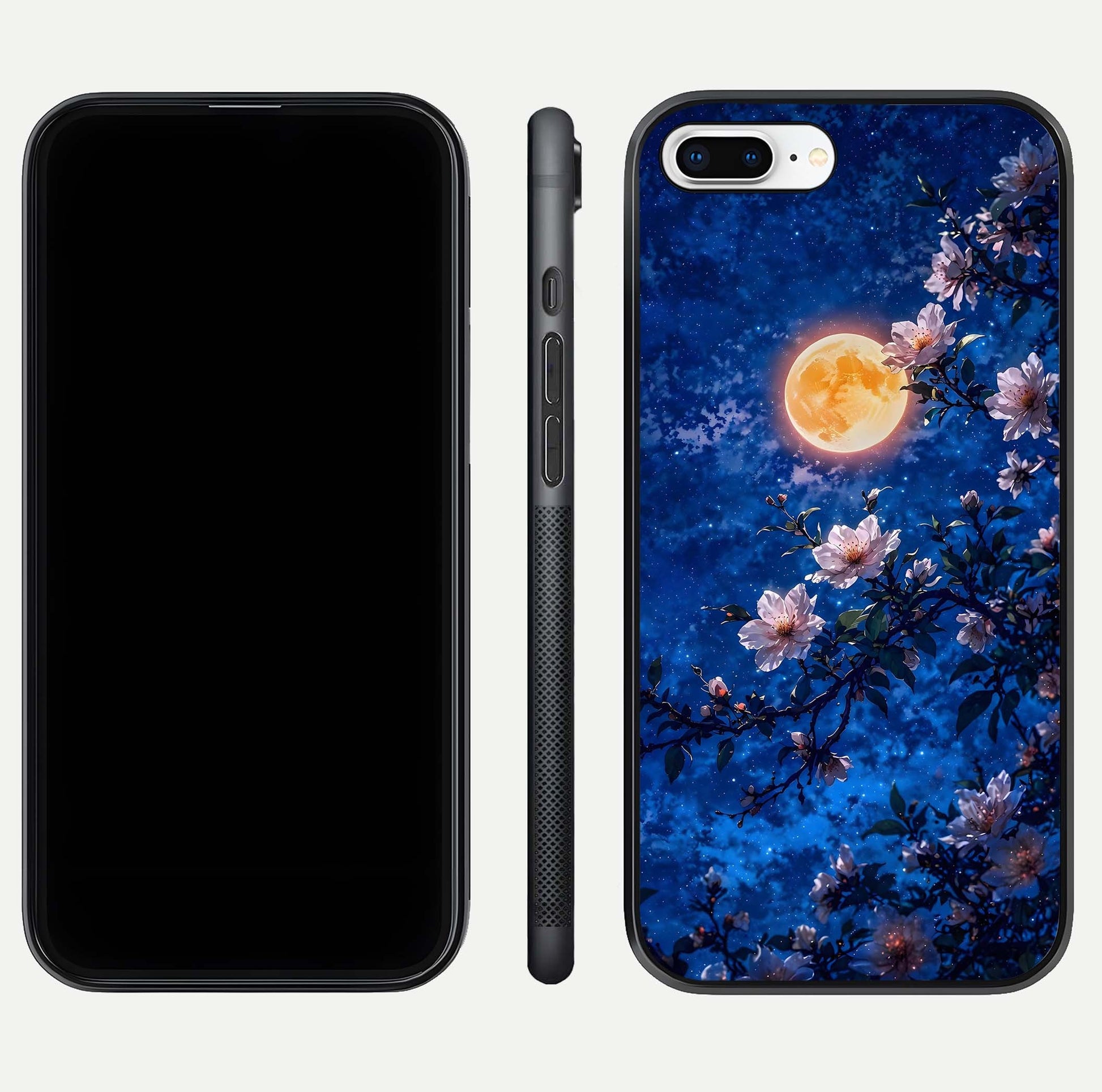 Moonlit Blossoms Night Glass Case for iPhone 8 Plus front & back layout highlighting moonlit tones and curved edges