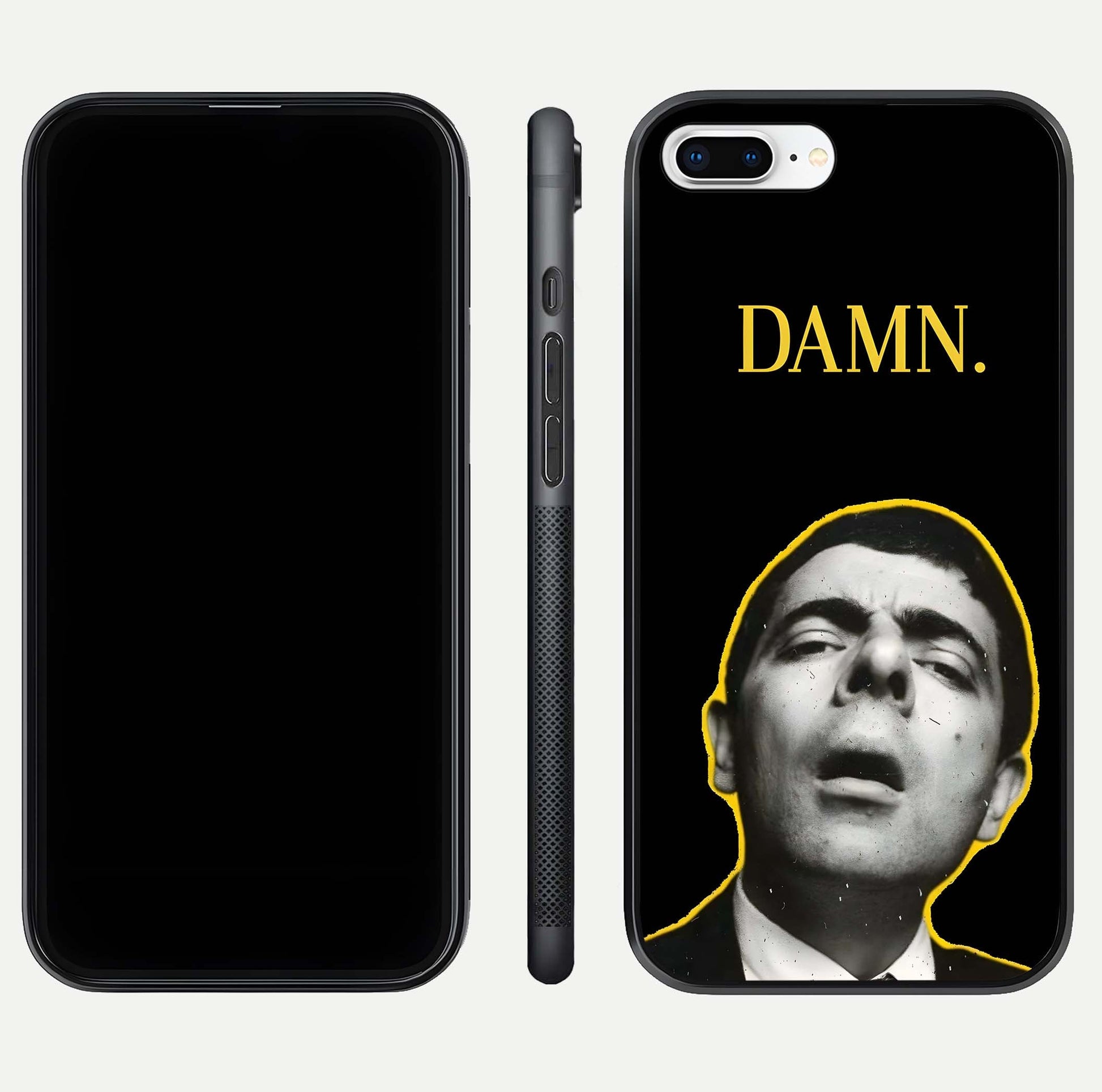 Mr Bean Damn Glass Case for iPhone 8 Plus front & back layout displaying fun artwork and curved smooth edges