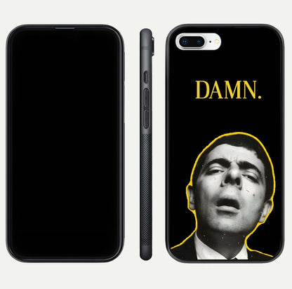 Mr Bean Damn Glass Case for iPhone 8 Plus front & back layout displaying fun artwork and curved smooth edges