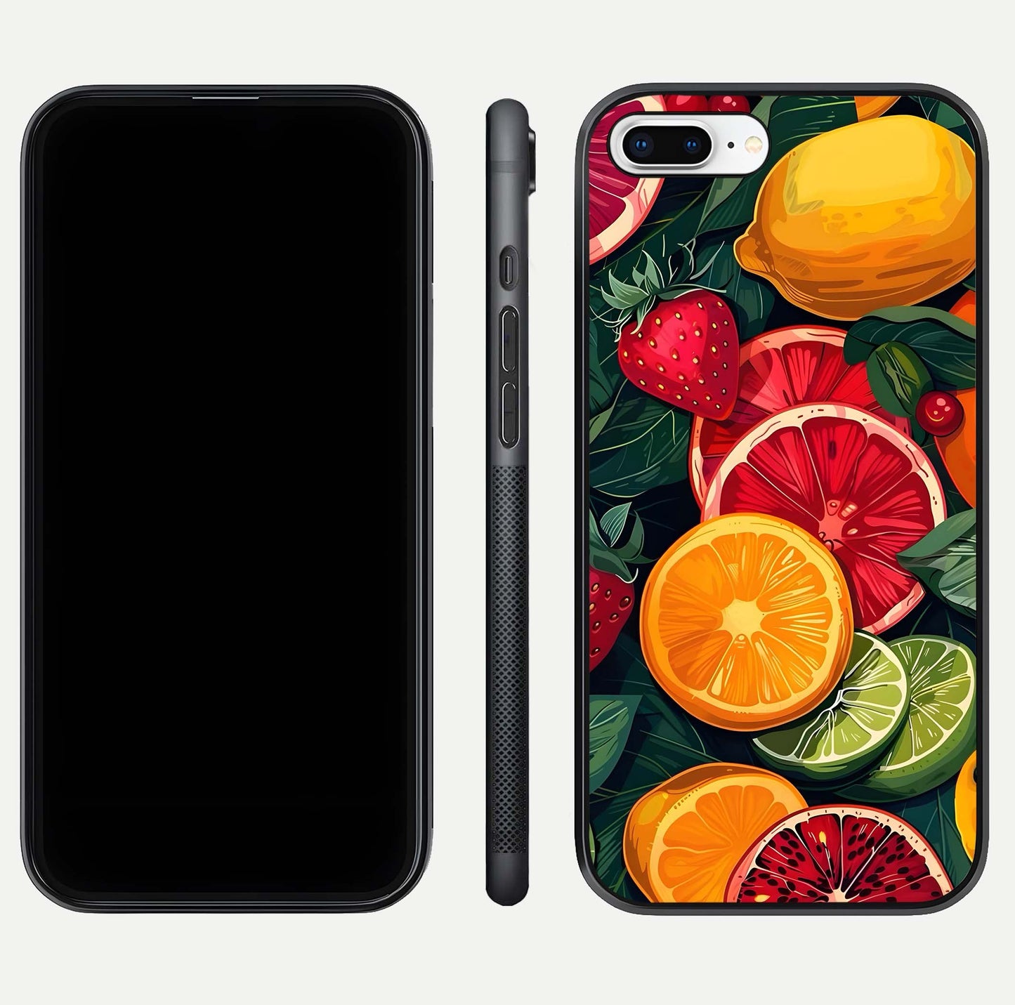 Multiple Fruits Glass Case for iPhone 8 Plus front & back layout highlighting vibrant tones and curved edges