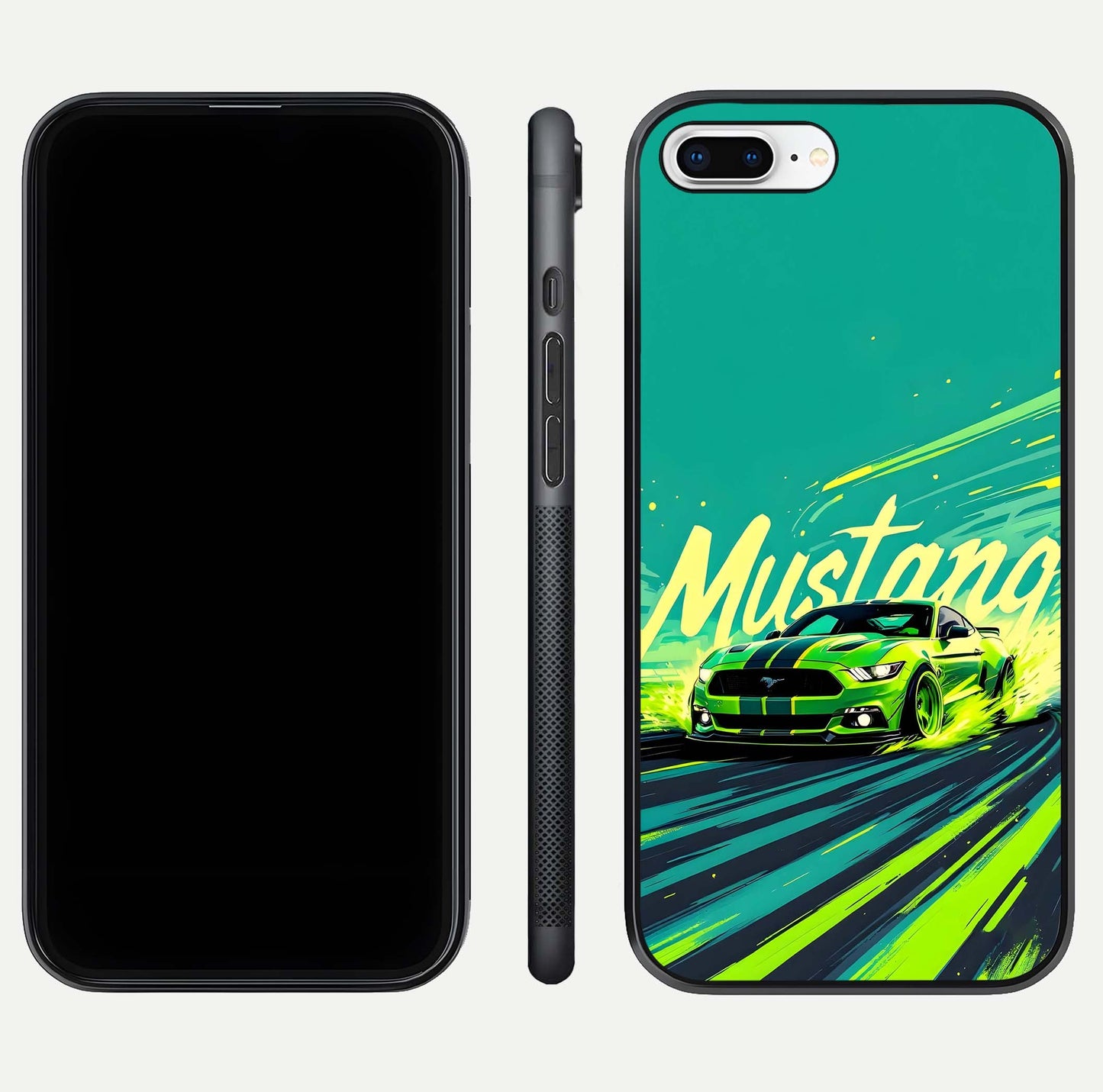 Mustang Bang Glass Case for iPhone 8 Plus front & back layout highlighting dark automotive tones and edge detail
