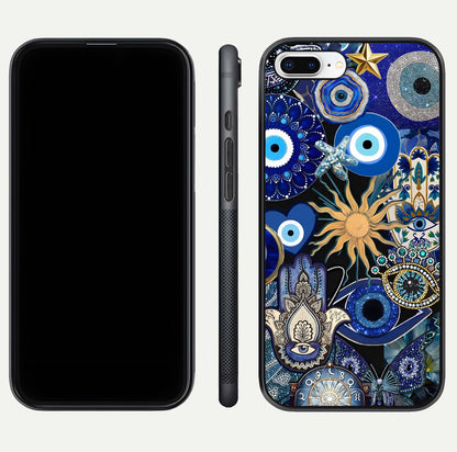 Mystic Blue Evil Eye Glass Case for iPhone 8 Plus front & back layout showing elegant tones and edge finish